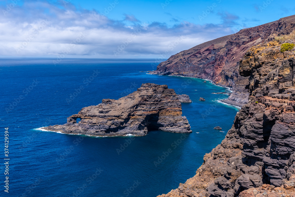 The beautiful black sand beach of Bujaren from above in the north of La Palma, Canary Islands. Spain