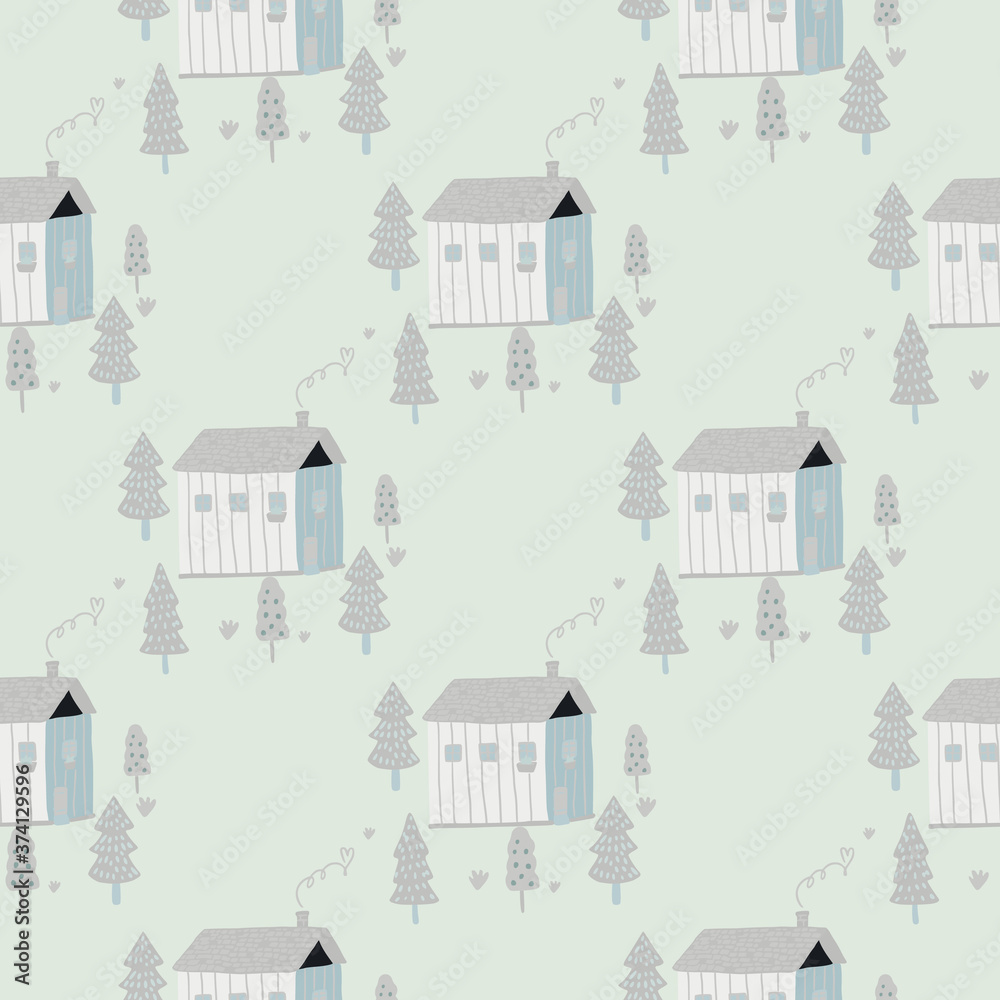 Light pastel seamless pattern with doodle house with tree ornament. Soft blue palette stylized artwork.