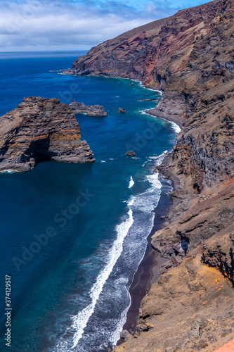 The beautiful black sand beach of Bujaren from above in the north of La Palma, Canary Islands. Spain