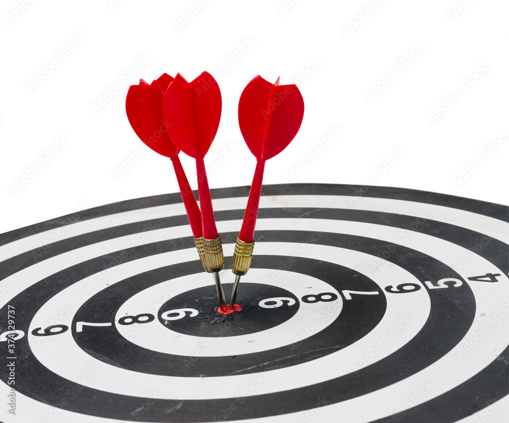 Target hit in the center by arrow. Success goals Targeting the business concept. Close up shot red dart arrow on center of dartboard, isolated on white background with clipping path.