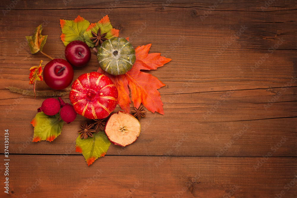 Autumn, fall creative composition of orange pumpkins and apples. Autumn, fall creative composition of orange pumpkins and apples.