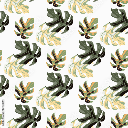 Isolated seamless pattern with doodle hand drawn monstera figures. Green and yellow ornament on white background.