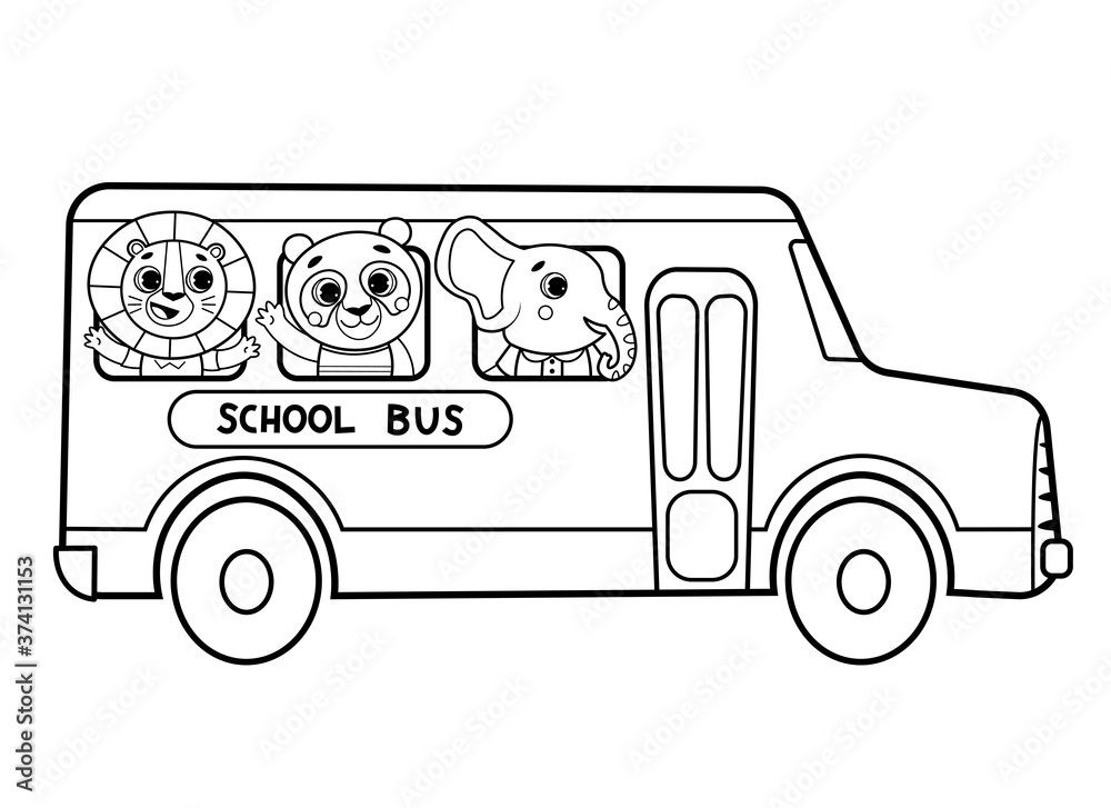 Coloring page outline of cartoon school bus with animals. Vector image on white background. Coloring book of transport for kids