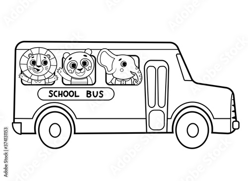 Coloring page outline of cartoon school bus with animals. Vector image on white background. Coloring book of transport for kids