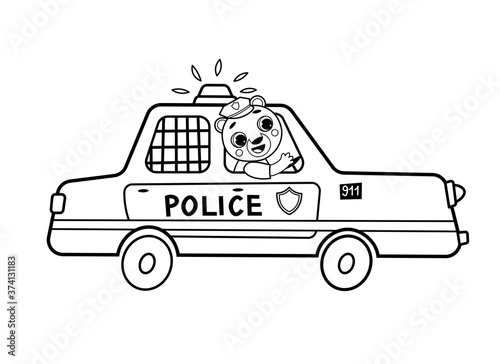 Coloring page outline of cartoon police car with animal. Vector image on white background. Coloring book of transport for kids.