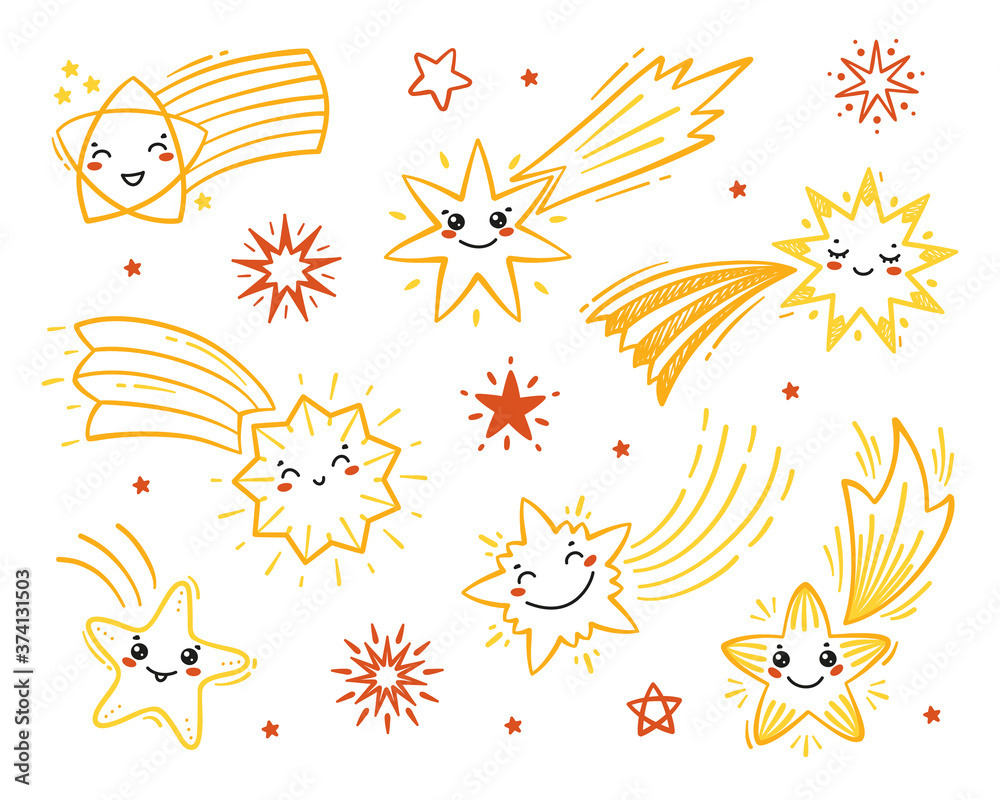 Vector Set of Little Cute Falling Stars. Hand Drawn Doodle Different Shooting Star Icons. Cartoon Comets Collection for Holiday or Birthday Party Design. Kawaii Characters
Vector Set of Little Cute Falling Stars. Hand Drawn Doodle Different Shooting Star Icons. Cartoon Comets Collection for Holiday or Birthday Party Design. Kawaii Characters