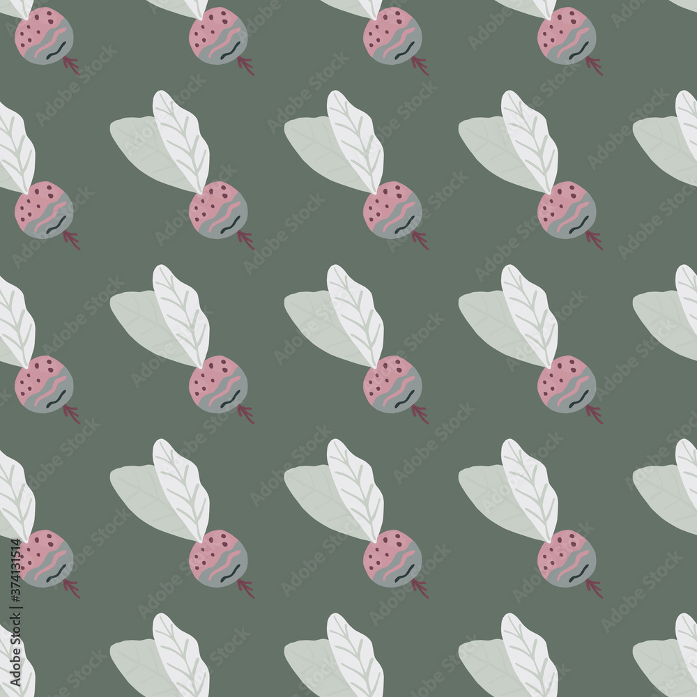 Vegetables seamless pattern with doodle radish elements. Grey background. Healthy food print.
