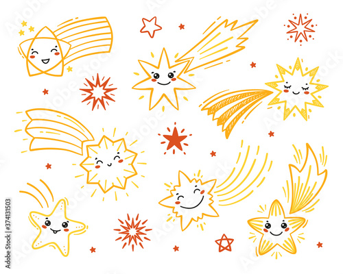 Vector Set of Little Cute Falling Stars. Hand Drawn Doodle Different Shooting Star Icons. Cartoon Comets Collection for Holiday or Birthday Party Design. Kawaii Characters 