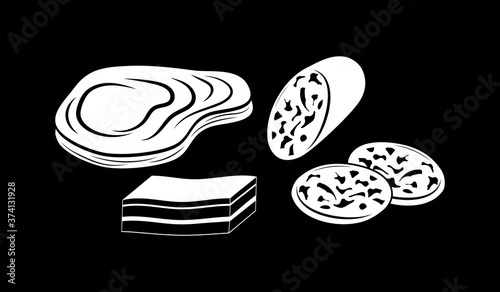 Sausage, steak and cheese set icon. Stencil food. Vector stock illustration. EPS 10