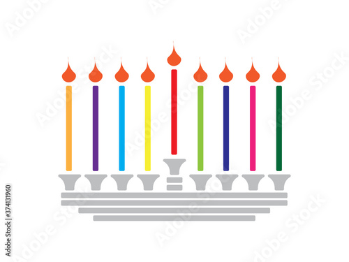Gray Hanukkah Menorah with Colorful candles on White background