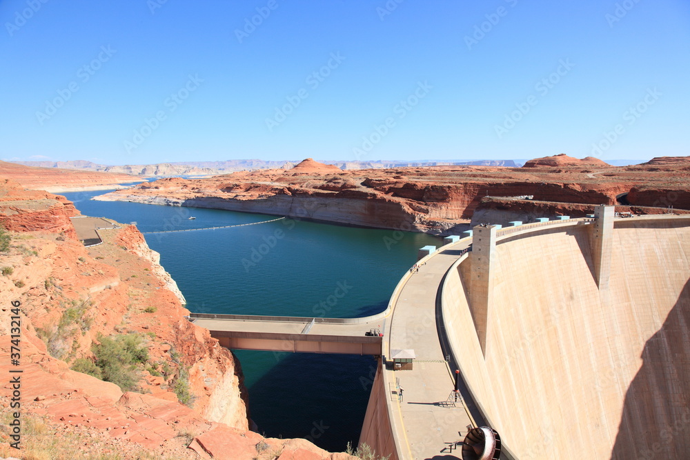 View of Glen Canyon Dam with Colorado River near the town of Page in Arizona USA View of Glen Canyon Dam with Colorado River near the town of Page in Arizona USA