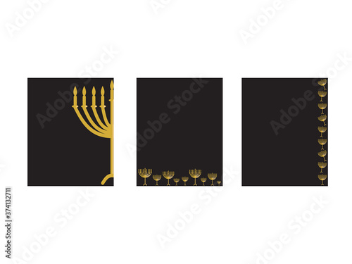 Set of 3 Black Gold Hanukkah greeting card on White background