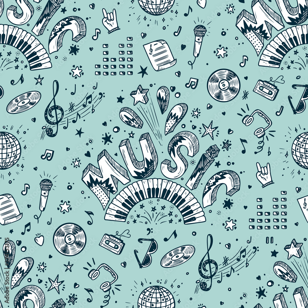 Vector Music background. Seamless pattern with Hand drawn doodle Word Music and Musical Symbols.
Vector Music background. Seamless pattern with Hand drawn doodle Word Music and Musical Symbols.