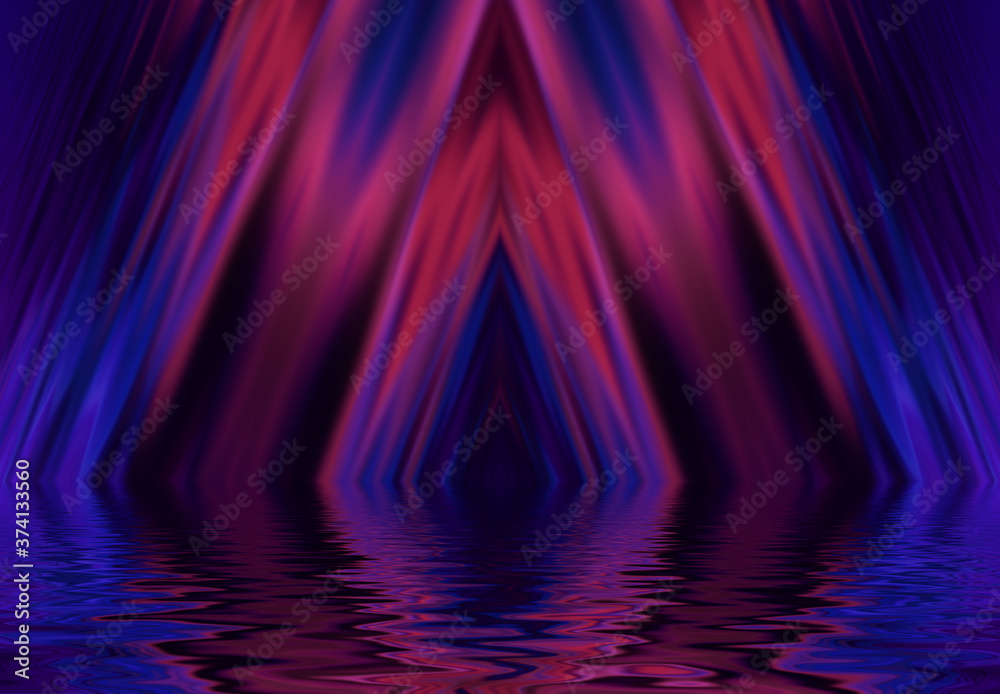 Abstract dark futuristic background. Neon rays of light are reflected from the water. Background of empty stage show, beach party. 3d illustration Abstract dark futuristic background. Neon rays of light are reflected from the water. Background of empty stage show, beach party. 3d illustration