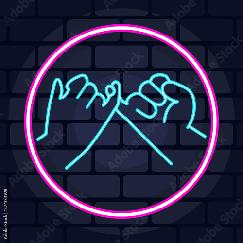 Pinky swear promise neon icon on brick wall