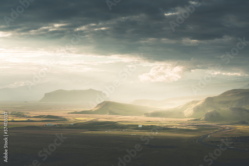view from mountain, summer sunset, Iceland