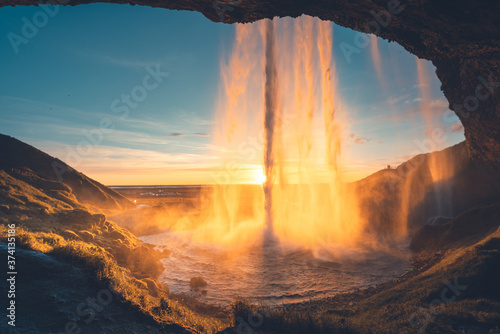 Seljalandfoss waterfall in sunset time, Iceland