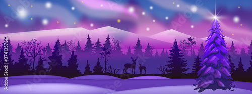 Winter landscape with pink and violet forest, deer silhouette, night sky. Alaska northern vector background with night, snow, mountains, aurora borealis, lights. Christmas, New Year winter landscape