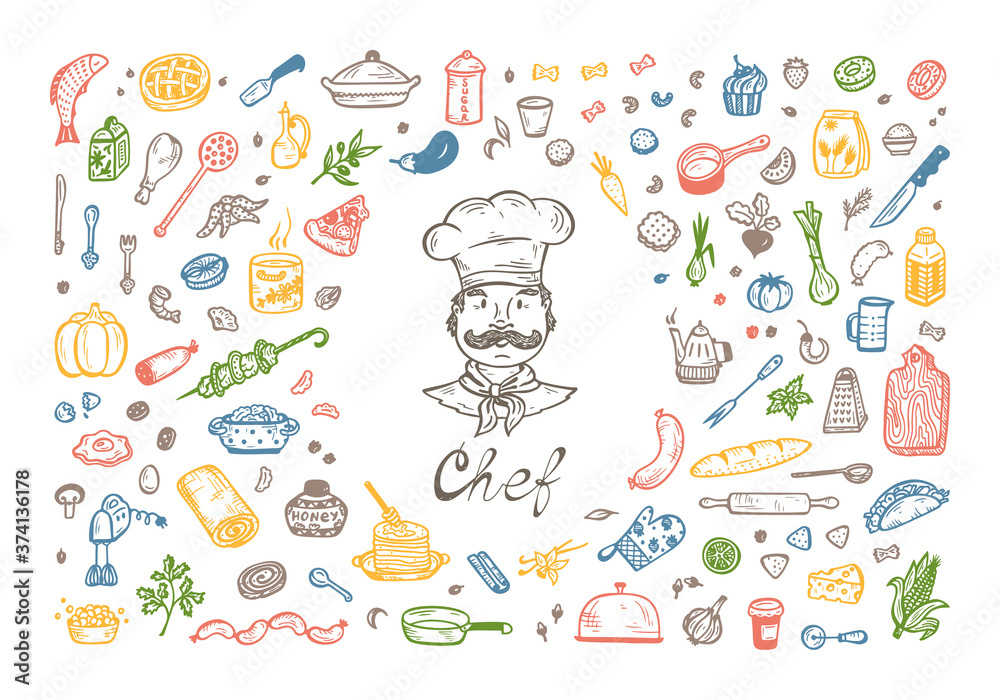 Cooking. Vector Set for menu decoration. Hand drawn doodle Chef, Food and Kitchen utensils
Cooking. Vector Set for menu decoration. Hand drawn doodle Chef, Food and Kitchen utensils