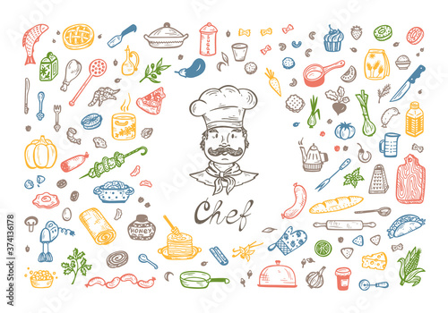 Cooking. Vector Set for menu decoration. Hand drawn doodle Chef, Food and Kitchen utensils
