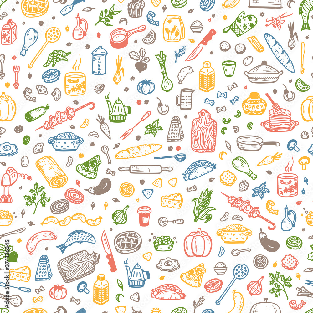 Cooking Vector Seamless Pattern. Hand drawn doodle Food and Kitchen utensils
Cooking Vector Seamless Pattern. Hand drawn doodle Food and Kitchen utensils