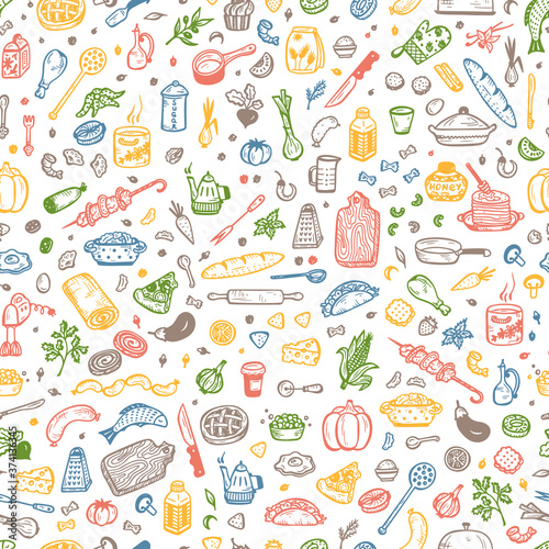 Cooking Vector Seamless Pattern. Hand drawn doodle Food and Kitchen utensils 