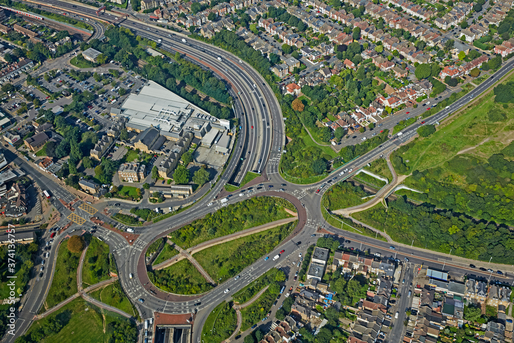 Aerial view of the roundabout interchange for the A12 between Wanstead and Leytonstone