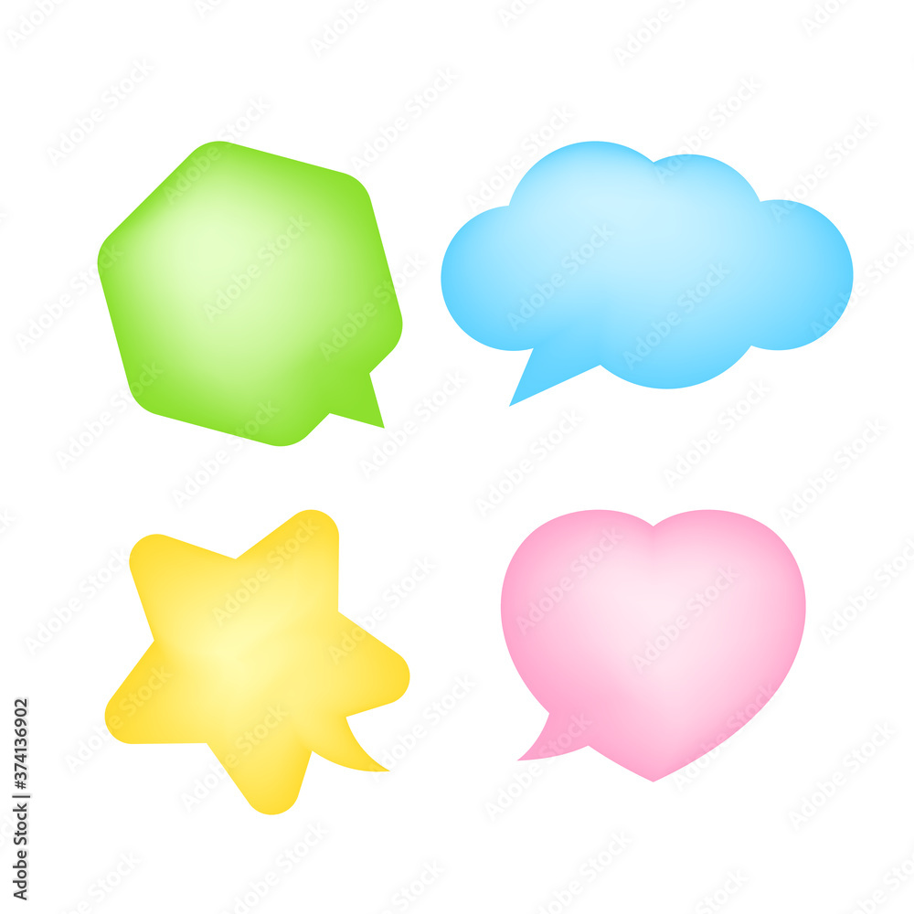 star shaped speech bubble yellow, heart shaped speech bubble pink, hexagon speech bubble green, cloud speech bubble blue, geometry balloon colorful and isolated on white for copy space star shaped speech bubble yellow, heart shaped speech bubble pink, hexagon speech bubble green, cloud speech bubble blue, geometry balloon colorful and isolated on white for copy space
