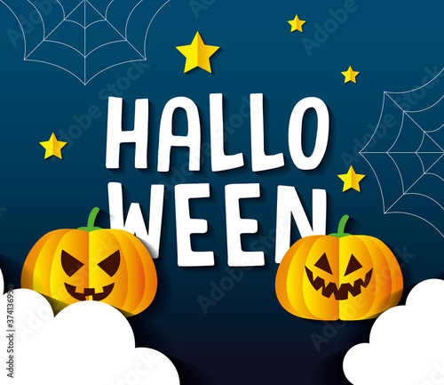 happy halloween banner, with pumpkins, stars, spider webs and clouds in paper cut style vector illustration design