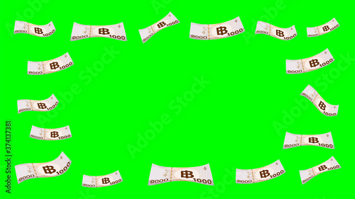 1000 baht thai money flying isolated on green screen background, banknote money falling over green, thai currency one thousand THB, many paper money, money bank note for chroma key screen background