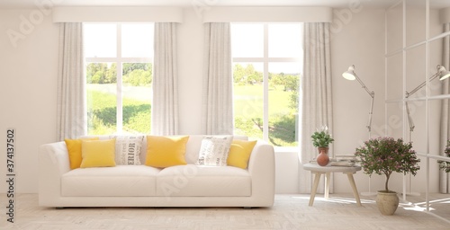 White living room with sofa and summer landscape in window. Scandinavian interior design. 3D illustration