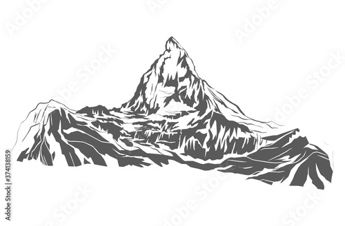 Snow and rocky Mountain vector in black and white, hand drawing style.