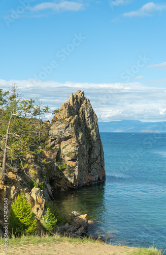 Beautiful landscape of Siberian Lake. Panoramic view of Cape Burhan. Olkhon island-heart of lake Baikal