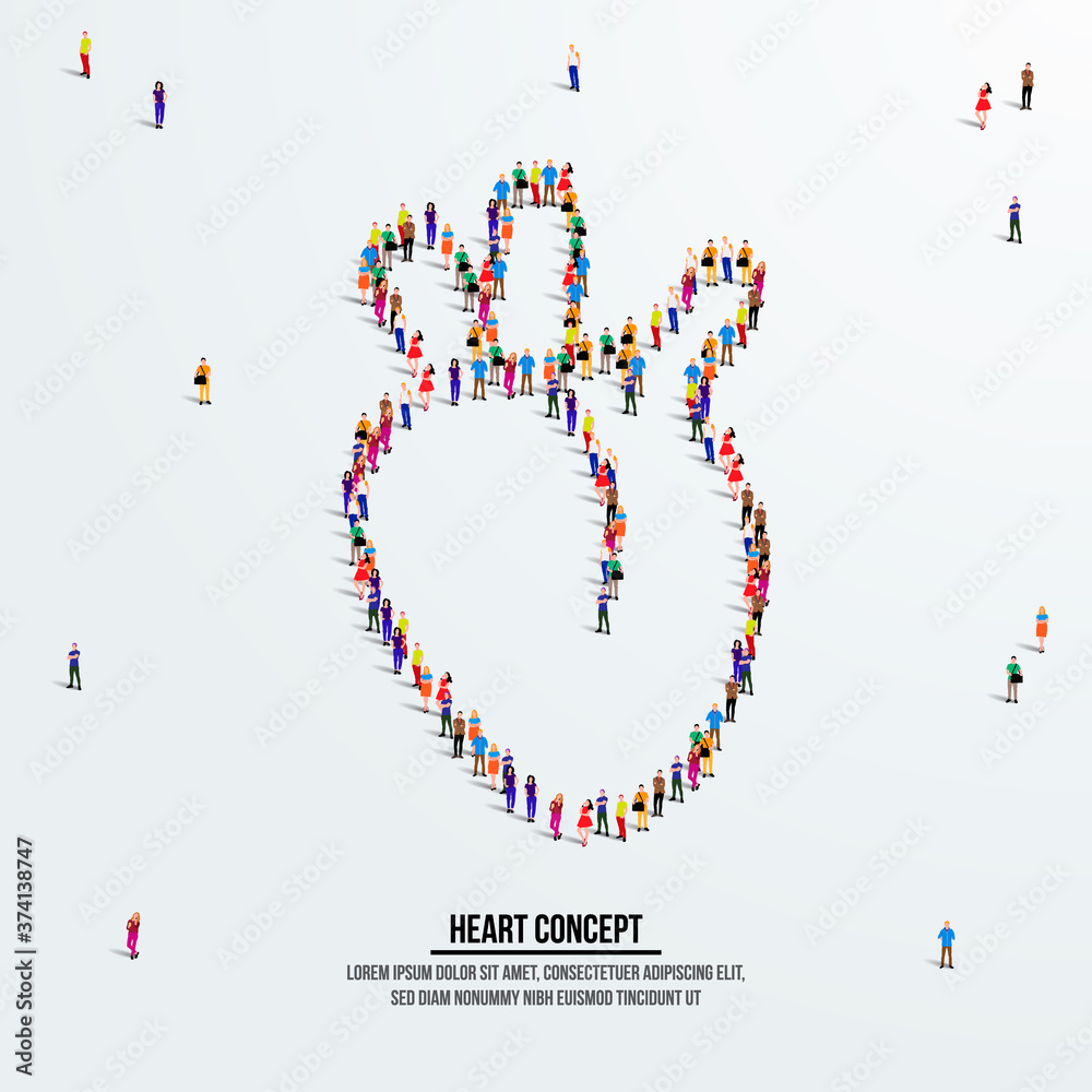 Human heart concept. A large group of people form to create a shape heart. People organ icon series. Vector illustration.