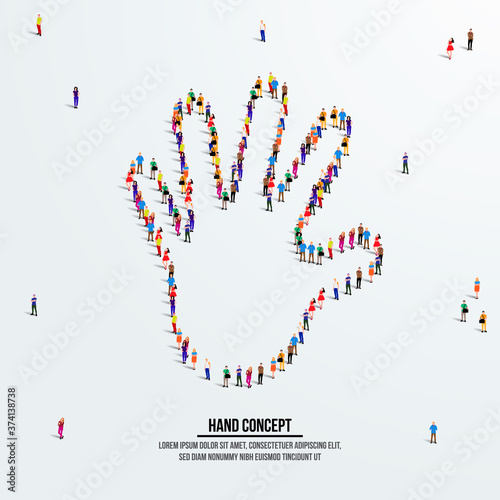 Hand or palm concept. A large group of people form to create a shape hand or palm. People organ icon series. Hi five vector illustration.