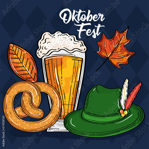 oktoberfest festival celebration with glass beer, pretzel, tyrolean hat and autumn leaves vector illustration design