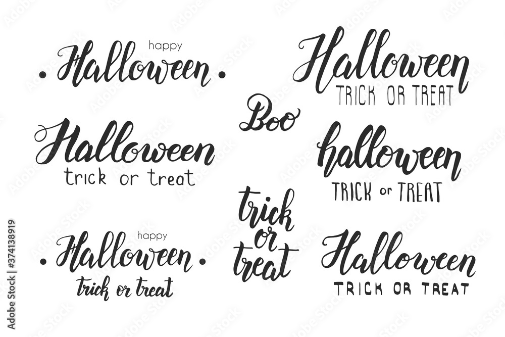 Halloween Holiday lettering set. Hand made brush calligraphy. Happy Halloween. Trick or treat. Halloween text for banner, flyer, brochure, greeting card, party invitation. Halloween Holiday lettering set. Hand made brush calligraphy. Happy Halloween. Trick or treat. Halloween text for banner, flyer, brochure, greeting card, party invitation.