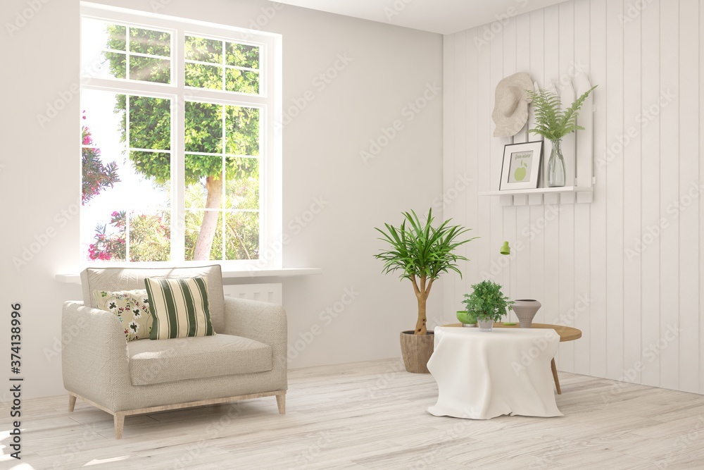 White living room with armchair and green landscape in window. Scandinavian interior design. 3D illustration White living room with armchair and green landscape in window. Scandinavian interior design. 3D illustration