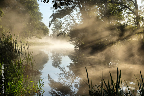 Early morning mist over the meadows on the River Wey in Godalming, Surrey, on a cold autumn morning.