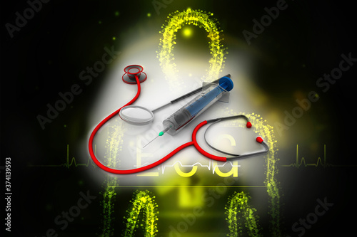 3d rendering Stethoscope with tooth mirror and syringe