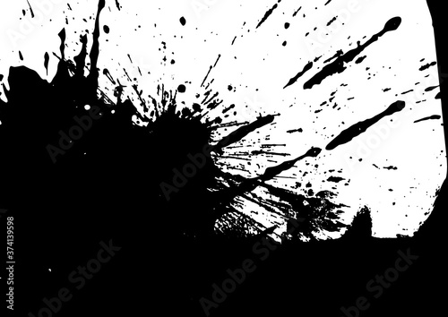 Vector black and white background with ink splash, blot and brush stroke, spot, spray, smudge, spatter, splatter, drip, drop, ink blob Grunge textured elements for design, background.