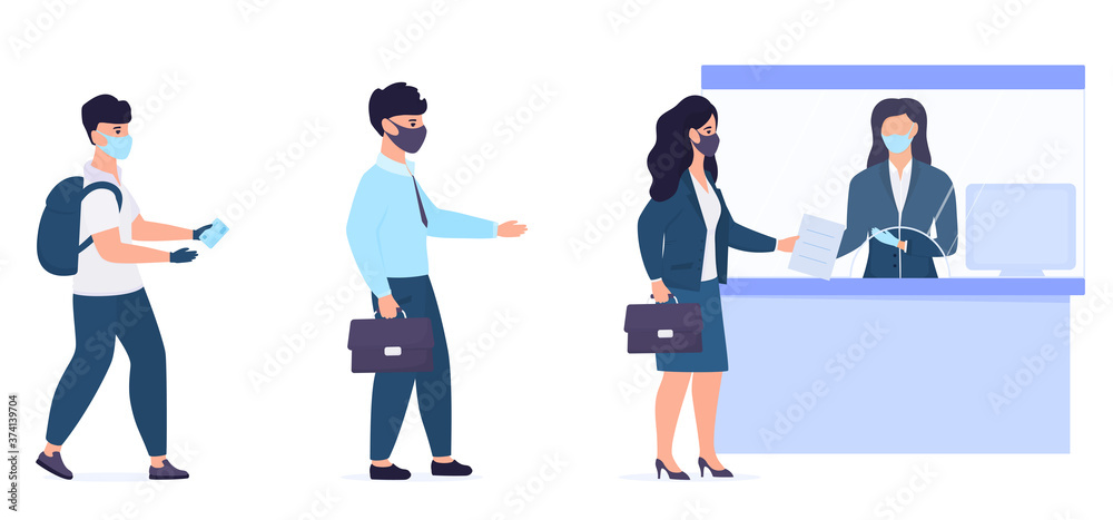 Social distancing and coronavirus covid-19 prevention. People in protective masks are waiting in the queue to the cashier of the bank Social distancing and coronavirus covid-19 prevention. People in protective masks are waiting in the queue to the cashier of the bank