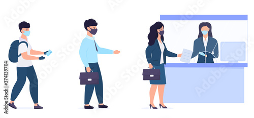 Social distancing and coronavirus covid-19 prevention. People in protective masks are waiting in the queue to the cashier of the bank