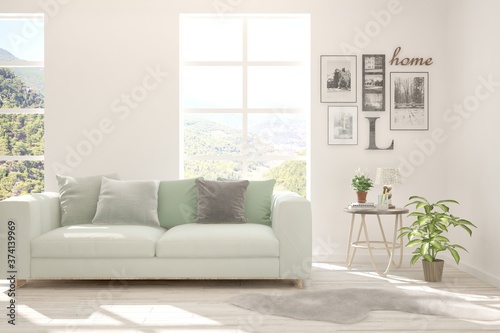 White living room with sofa. Scandinavian interior design. 3D illustration