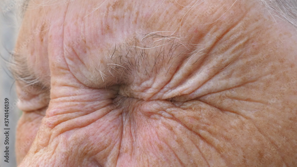 Fototapeta premium Portrait of senior grandmother looks into distance with a sad sight. Close up of elderly grandma strongly screws up her gray eyes. Sorrowful facial expression of mature woman. Slow motion