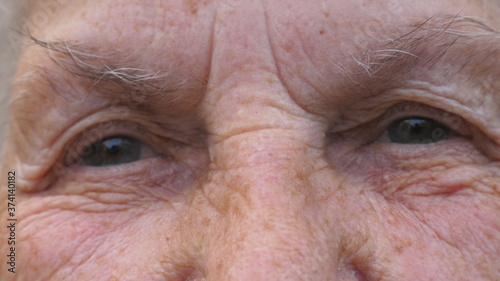 Close up gray eyes of elderly grandmother stares and blinks with happy sight. Portrait of wrinkled female face looks into camera with positive emotions. Facial expression of smiling grandma