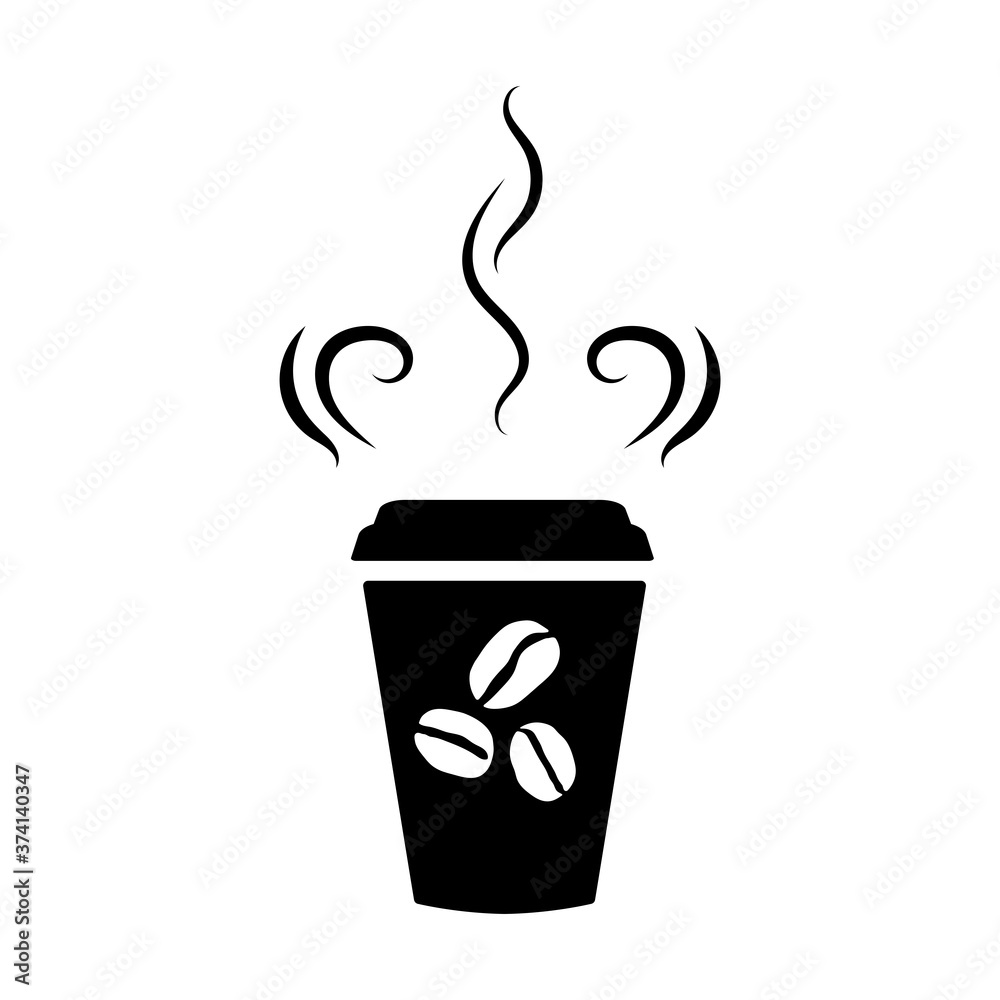 Black silhouette of a paper cup with hot coffee. Aroma effect. Vector illustration on white background. Isolated object. Black silhouette of a paper cup with hot coffee. Aroma effect. Vector illustration on white background. Isolated object.