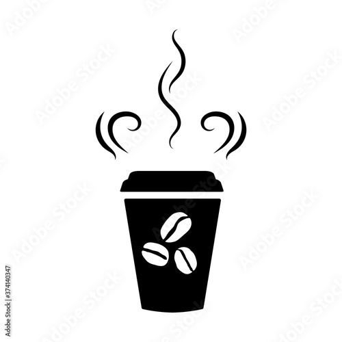 Black silhouette of a paper cup with hot coffee. Aroma effect. Vector illustration on white background. Isolated object.