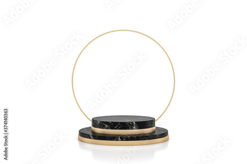 Black marble pedestal steps isolated with golden ring on white background, 3d illustration luxury podium display stand scenes minimal style concept.