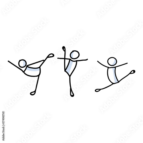 Hand drawn stickman ballet dancer set concept. Simple outline ballerina figure doodle icon clipart. For dance studio or theatre performer sketch illustration. 